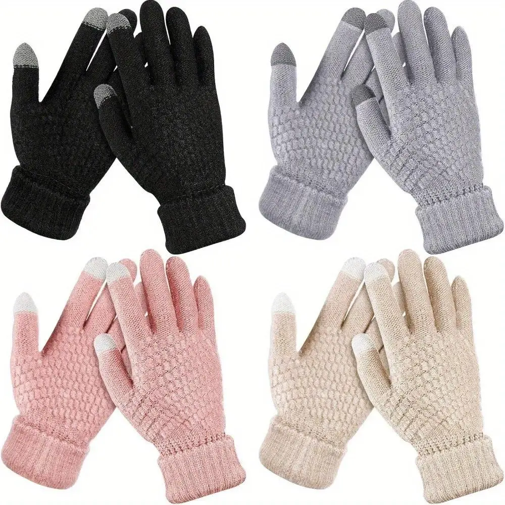 4-Pair Female Velvet Gloves, Korean-Style Casual Winter Set with Thick Fleece-Lined Interior and Touch Screen Fingers, Affordable Fashion, Elastic Cuffs, 4Pcs, Gloves Warm, Sporty Chic, Hand Gloves
