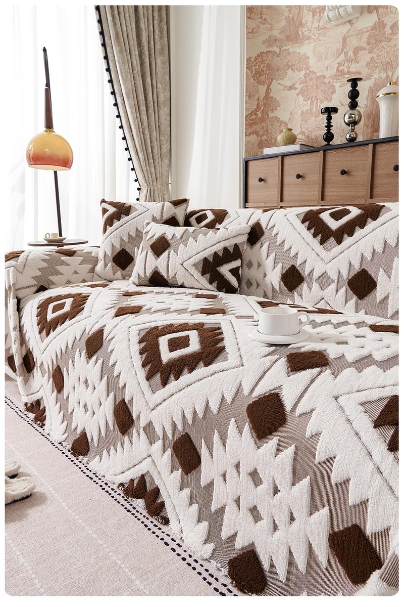 Bohemian Plush Sofa Throw Blanket, Geometric Pattern Design, Pet-Friendly, All-Season Use, Home Decor, Sofa Couch Covers, Sofa Slipcover