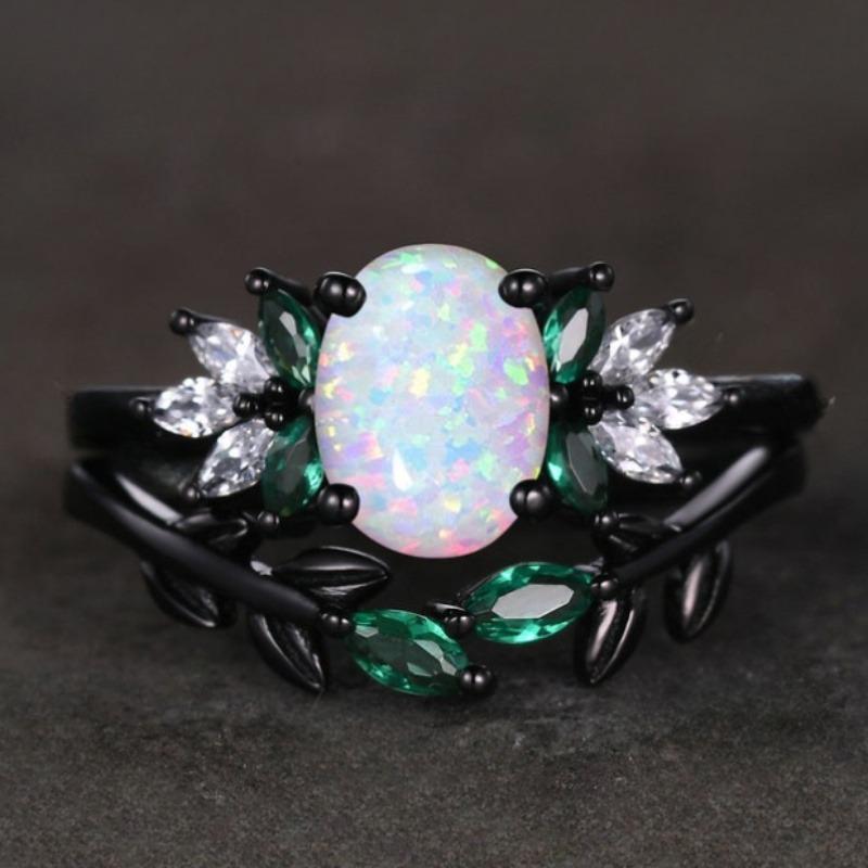 2-Piece Shiny Black Synthetic Opal Oval Cubic Zirconia Couple Rings - Ladies' Engagement & Bridal Jewelry, Ideal Gift for Valentine's Day, Anniversary, Halloween, Christmas & Mother's Day