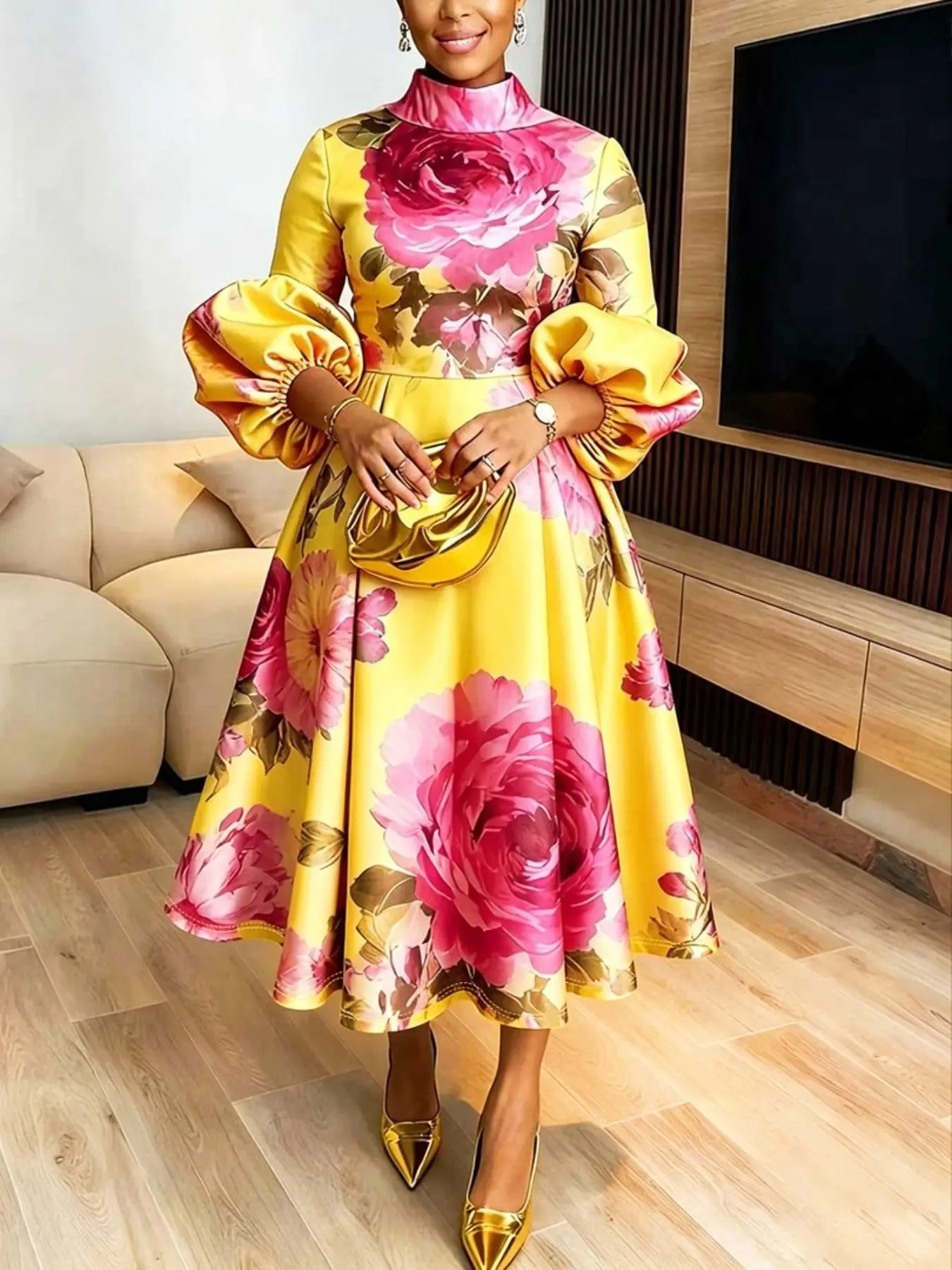 Women's Elegant Luxury Satin Long Dress, Large Flower Print, Floral, Lantern Sleeve, Cocktail Party, Formal Evening Gown, All Seasons