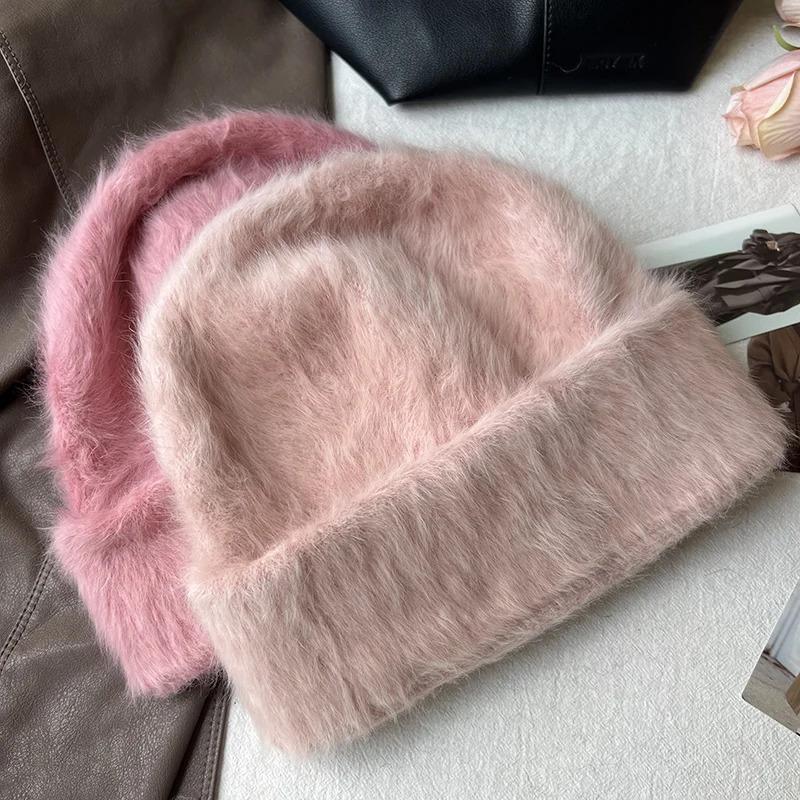 Winter Warm Unisex Y2k Beanies Leisure Outdoors Soft Fluffy Angola Winter Knitted Hat Female Plush Windproof Bonnet Skullies Cap