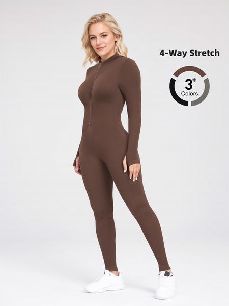 Women's Sporty Long Sleeve Zipper Jumpsuit, High Neck Tight-Fitting Fitness, Comfortable All-Season Activewear, Workout Jumpsuit