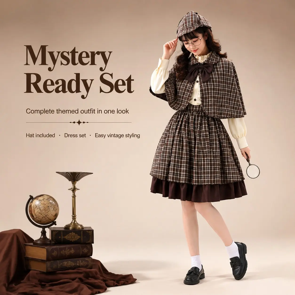 Detective Plaid Lolita Dress Set, Halloween Cosplay Outfit with Cape, Hat & Bow