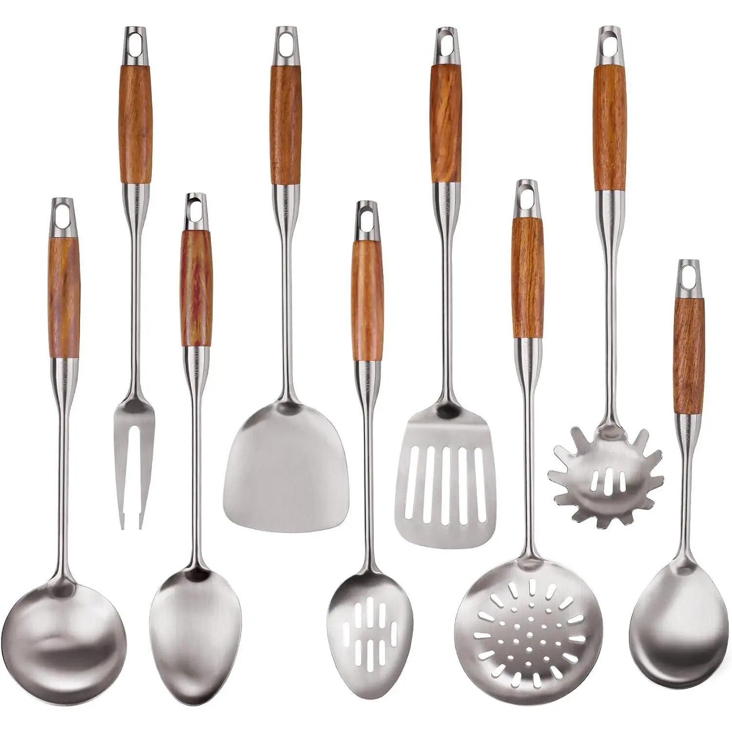 9 count 304 Stainless Steel Cooking Utensils set with Wooden Handle, Metal Kitchen Utensils Set, Large Heat Resistant Wooden Handle Kitchen Tools, Stainless Steel Wok Spatula