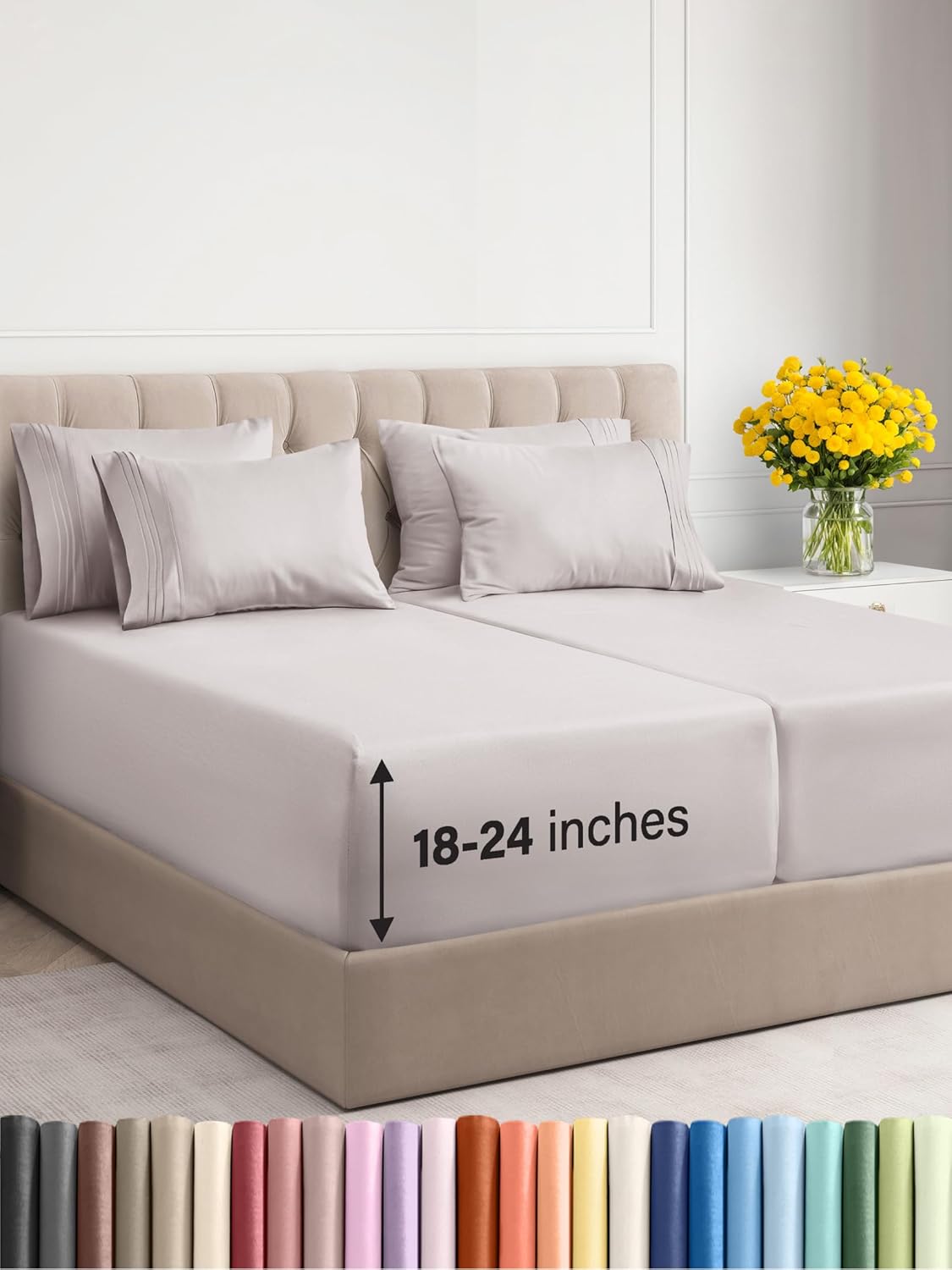 Extra Deep Split King Sheet - 7  Cooling -/18-24 Inch Extra Deep Pockets - Easy Fit,, Wrinkle Free  - Light Grey, Split King Size