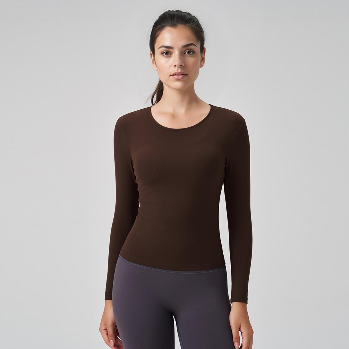 Women's Minimalist Solid Color Round Neck Short Sleeve Slim Top, Spring & Summer Stretchy Brushed Clothes, Quick Drying Yoga Top, Comfort Outfit