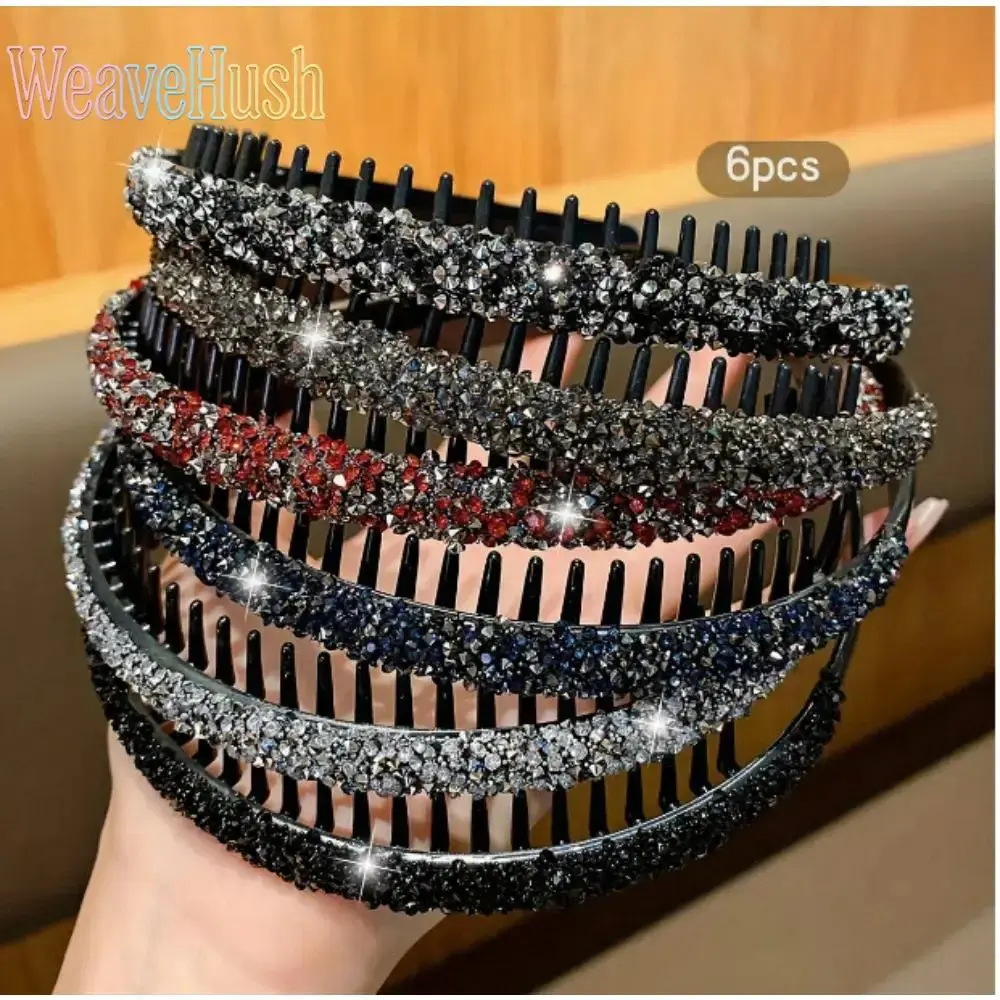 6‑Pack Rhinestone Teeth Headband Set, Women Daily Hair Styling Essentials, Sparkly Crystal Non‑Slip Comb Hair Hoops, Comfort Hair Accessory for Women Daily Styling Skincare & Face Washing
