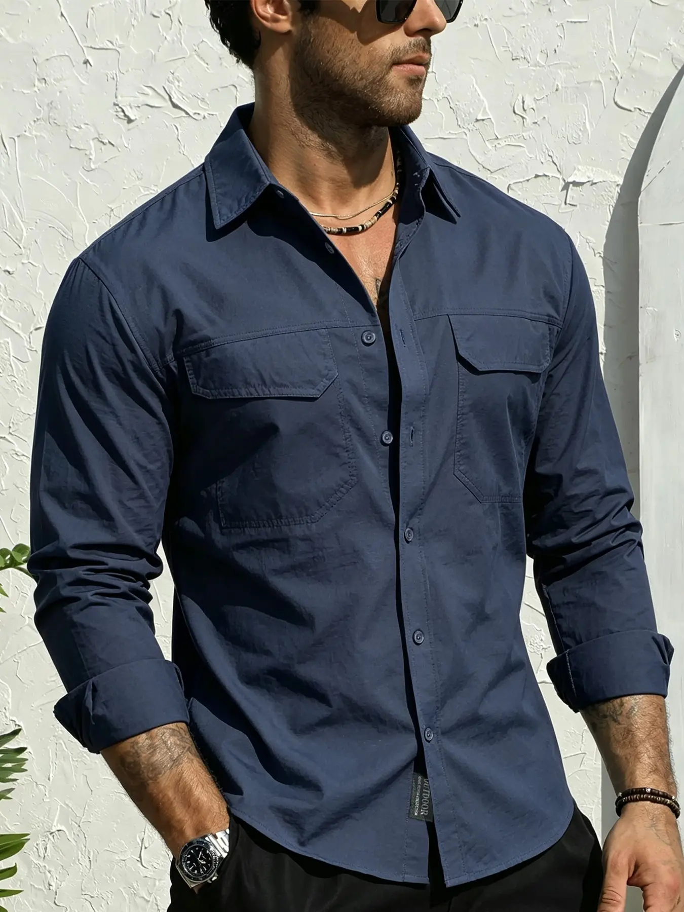 Men's Trendy Loose Stretch Waterproof Quick Dry Breathable Long Sleeve Travel Shirt Wrinkle Resistant Multi Pockets Open Front Top for Daily Commute Trekking Climbing Fishing, Wear as Inner or Outer Layer