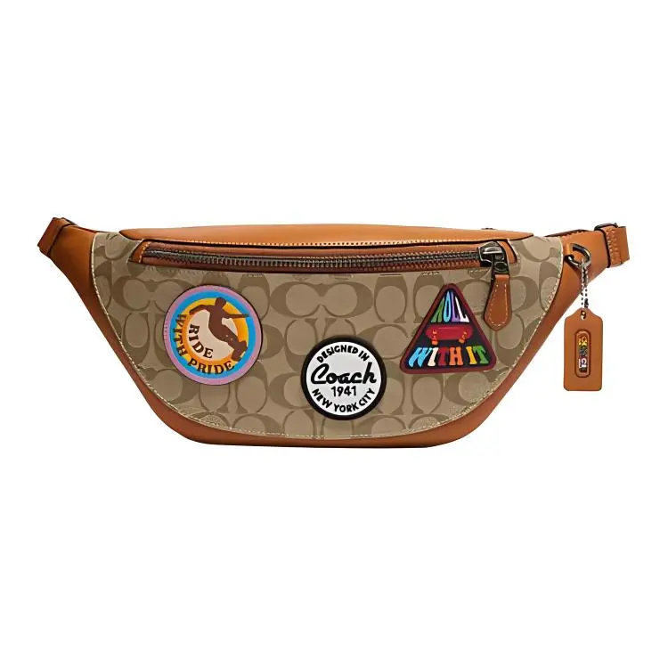 COACH Warren 40 PVC Crossbody Waist Bag for Men – Classic Monogram with Embroidered Floral Motif, Khaki and Brown