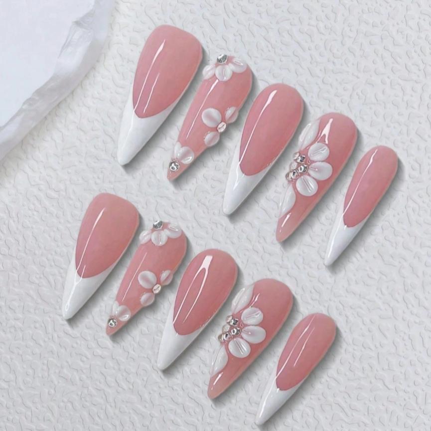 Elegant French Long Almond False Nails, Nail Tips Art, 3D Flower Rhinestones, Acrylic Almond Shape, Perfect for Holidays & Daily Wear, Ideal Gift for Women & Girls