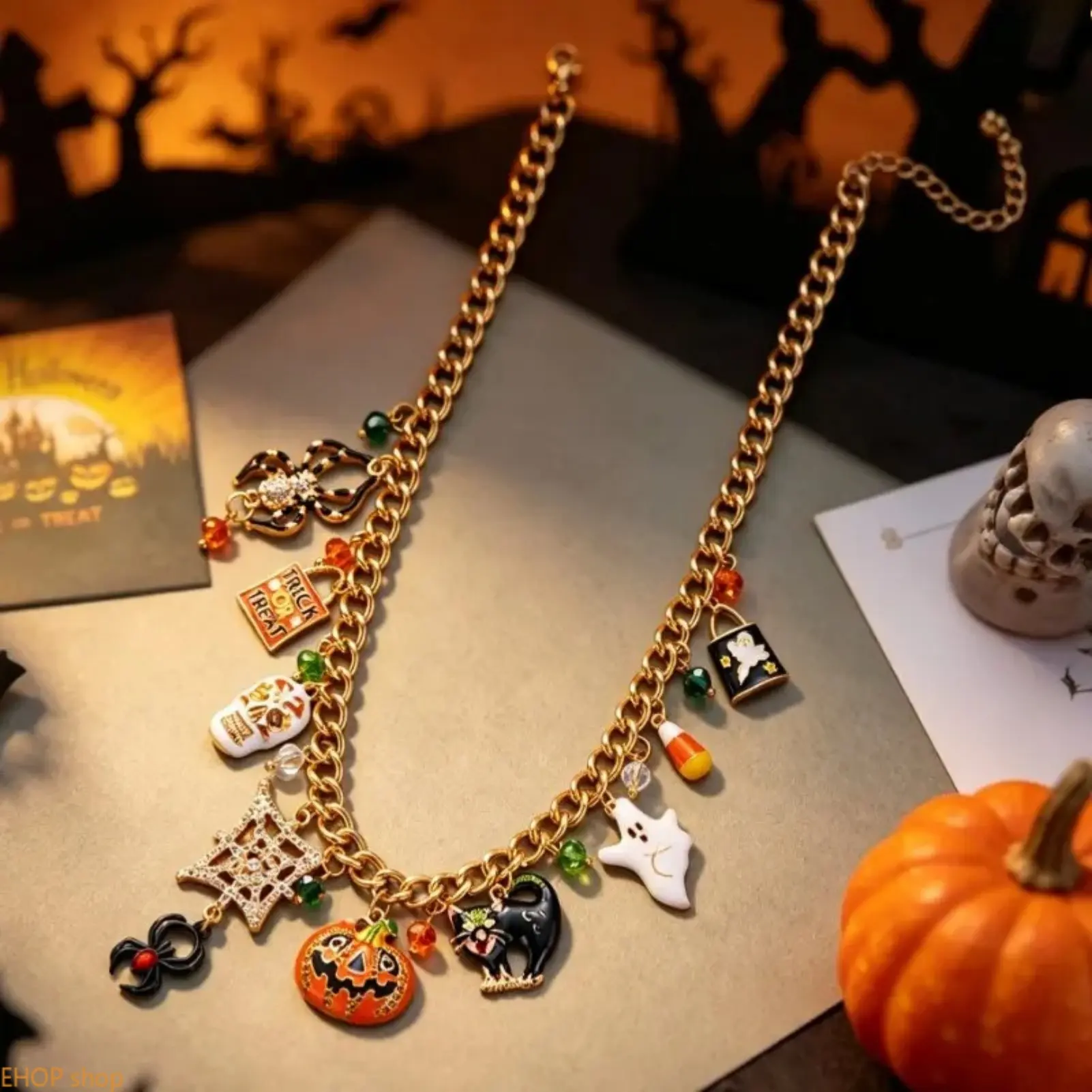 Women's Gothic Black Chain Spooky Charms Necklace - Cute Polyester Plain Pumpkin, Black Cat, Spider, Coffin, Skeleton Pendant - Halloween Trick-or-Treat Party Cosplay Holiday Gift Costume Jewelry, Multiple Pendants