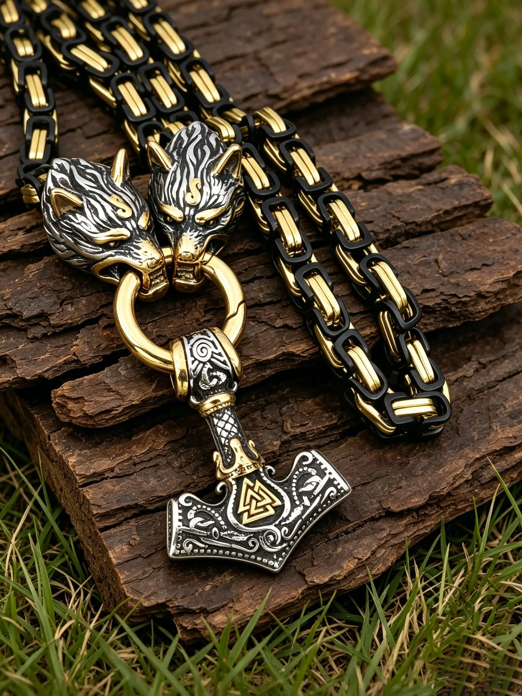Nordic Vintage Rune Odin Hammer Pendant Wolf Head Necklace, Norwegian Style Party Jewelry, Valentine's Day Father's Day Birthday Gift