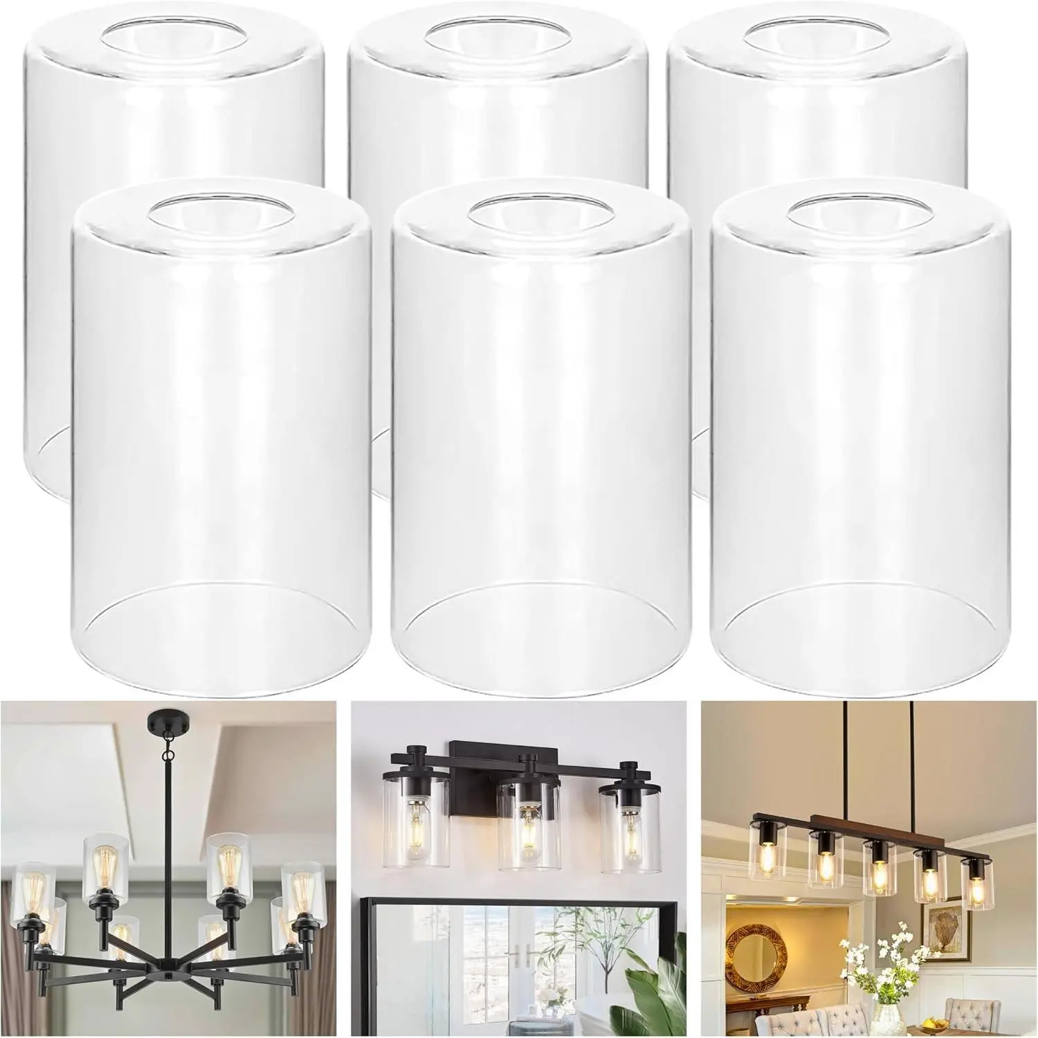 6Pcs Clear Glass Lamp Shade,5.9" H,3.94" D,Pendant Light Shades | 1.65" Fitter E26 Base,High Transmittance,For Standing Lamps,Chandelier Shades Replacement,Wall Sconces