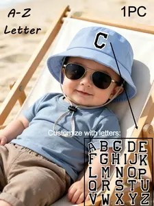 1PC Customizable A-Z Letter Bucket Hat, Outdoor Sun Protection, Unisex Kids Cap, Chin Strap Included, Suitable for 0-2 Years Old