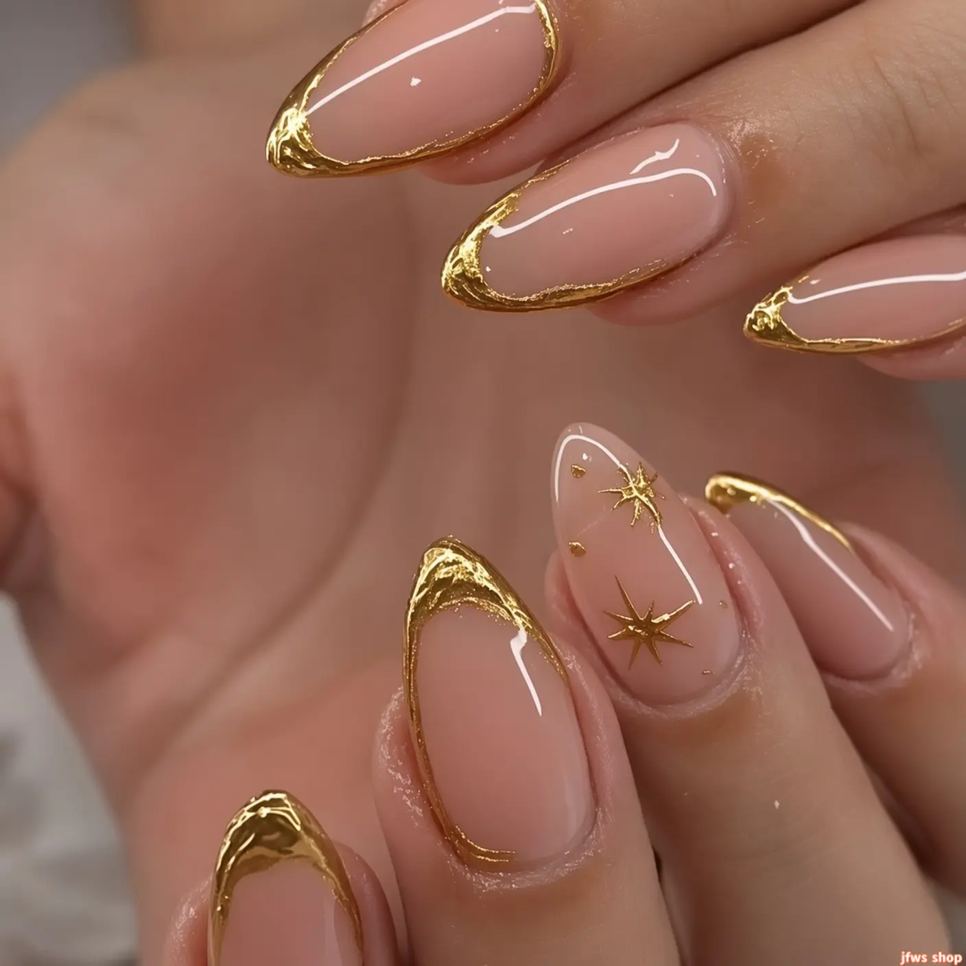 Gold French Tip Press On Nails Medium Almond Fake Nails 3D Gold With Star Design Nude False Nails Full Cover Reusable Glossy Stick On Nail Glue On Nail For Women Girls Manicure Decorations 24pcs tiktokshopbacktoschool
