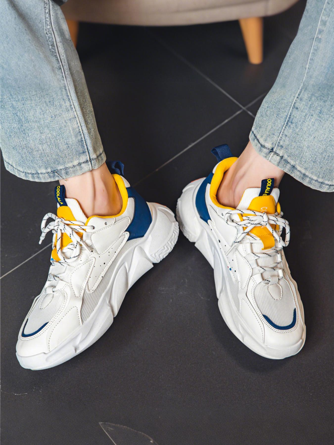 Men's Letter& Number Patched Design Lace Up Running Shoes, Casual Breathable Comfortable Sports Shoes, Male All-match Round Toe Chunky Sneakers for Daily Life, Athletic Running Shoes