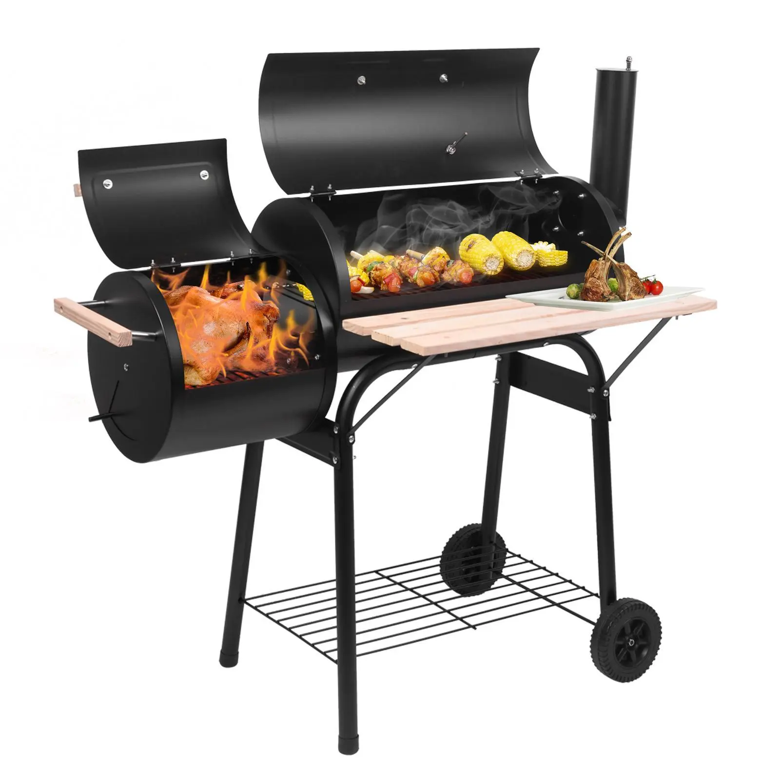 Commercial Restaurant Outdoor Charcoal BBQ Pit with Offset Smoker, Wheels, Tray, 24"x12" Ample Bake Space - Portable Barbecue Grill for Outdoor Cooking, Picnics
