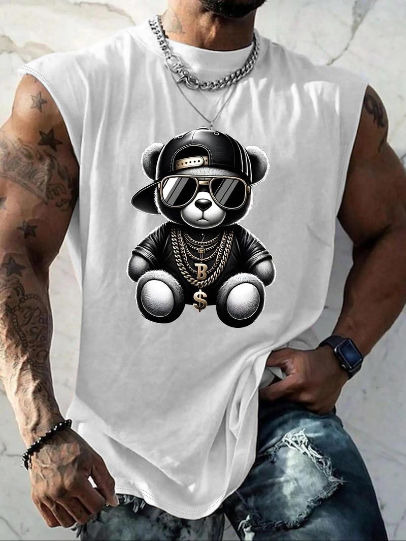 Men's Regular Fit Bear & Letter Print Top, Casual Comfy Sleeveless Top for Summer, Fashion Men's Clothes for Daily Wear, Streetwear Tank Vest, Vests