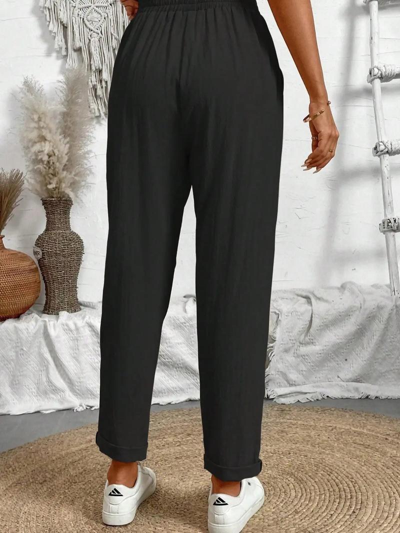 Women's Plain Pocket Drawstring Waist Straight Leg Pants, Casual Fashion Pants, Casual Comfy Trousers for Daily Wear, Ladies Bottoms for All Seasons