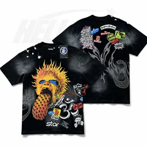 Hellstar Flame Lip T-Shirt, Vintage Spiked Tongue Luxury Rhinestone Double Sided Graphic Printed Heavy Cotton Loose Tee for Men Women, Unisex Puffy Logo Casual Hip Hop Top, Trendy Washed Black Streetwear
