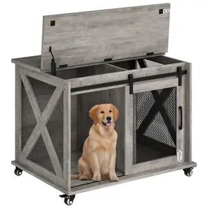 GARVEEMultifunctional Dog Crate Furniture with Sliding Barn Door, Flip-Top Opening, Removable and Movable Divider, Wheels, Designed as Indoor Dog Kennel, End Table, and Stylish Large Dog House in Grey or White