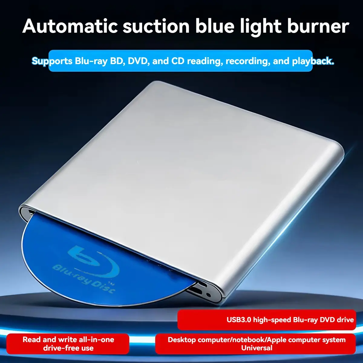 Button-Activated Blu-Ray Burner, External Bd-Rw Drive, Supports 3D Playback, DVD Reading/writing, High-Speed Portable Bd-Rw, Universal