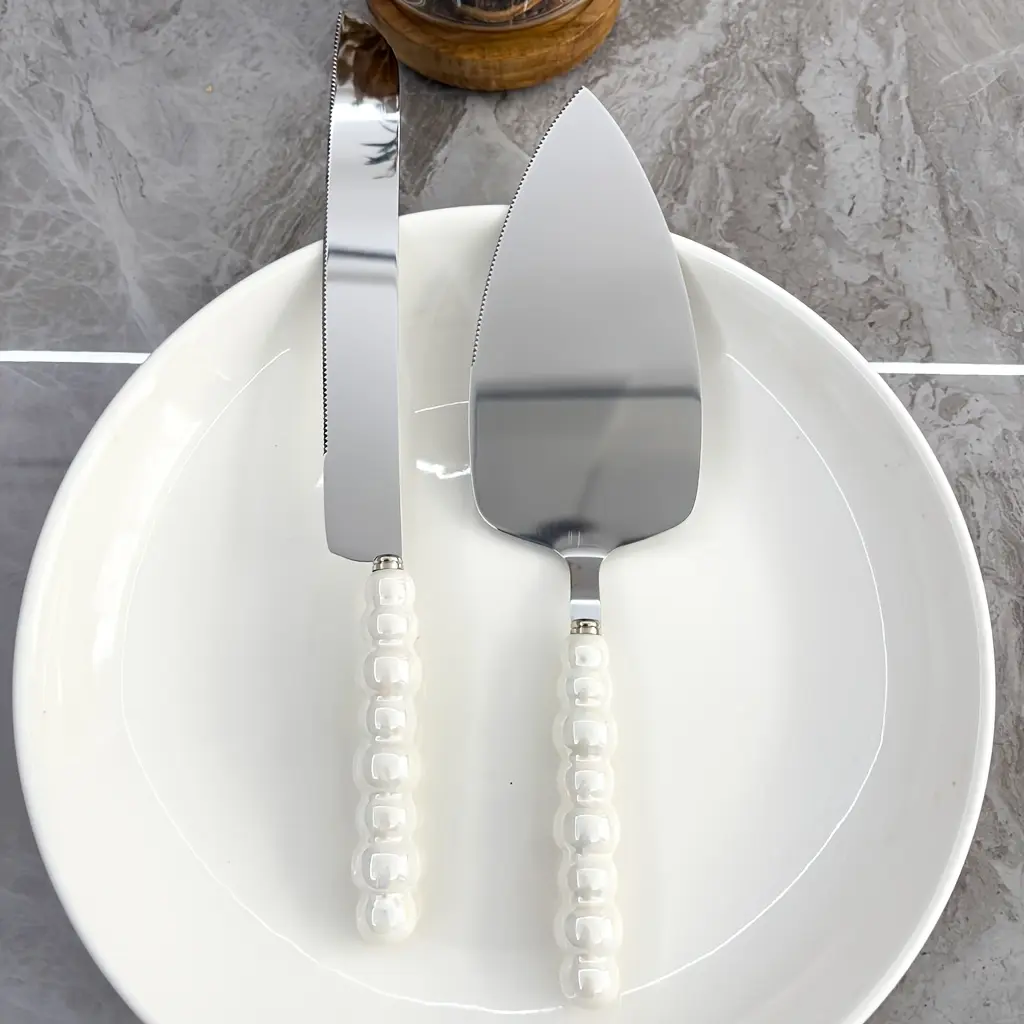 2pcs Pearl Ceramic Handle Stainless Steel Cake Server Set, Baking Tools, Pizza Spatula Pastry Turner, for Weddings, Birthdays, Parties - Versatile Kitchen Utensils for Christmas, Thanksgiving, Father's Day, Mother's Day, Children's Day, Valentine's