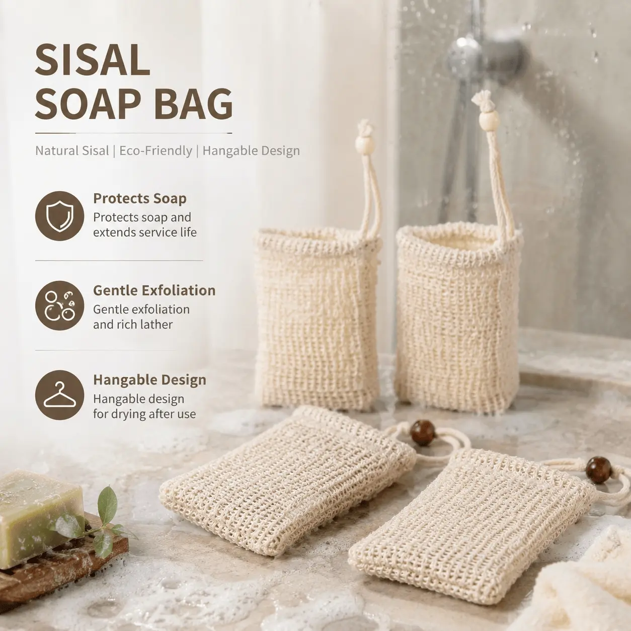 Hanging Sisal Ramie Soap Bag, Foaming Bath Net, 4-Pack Non-Slip Soap Saver, Reusable Soap Sleeve, Drainable Storage Pouch for Bathroom & Kitchen