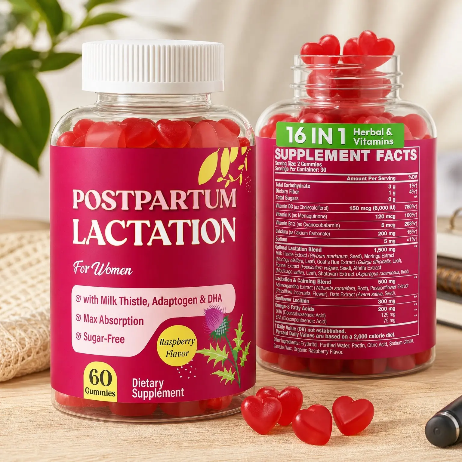 Postpartum Lactation Support Gummies for Breastfeeding – with Milk Thistle & Postnatal Vitamins, Breast Milk Supply Booster, Recovery & Hair Growth, Sugar-Free & Vegan, 60 Count(Gift)