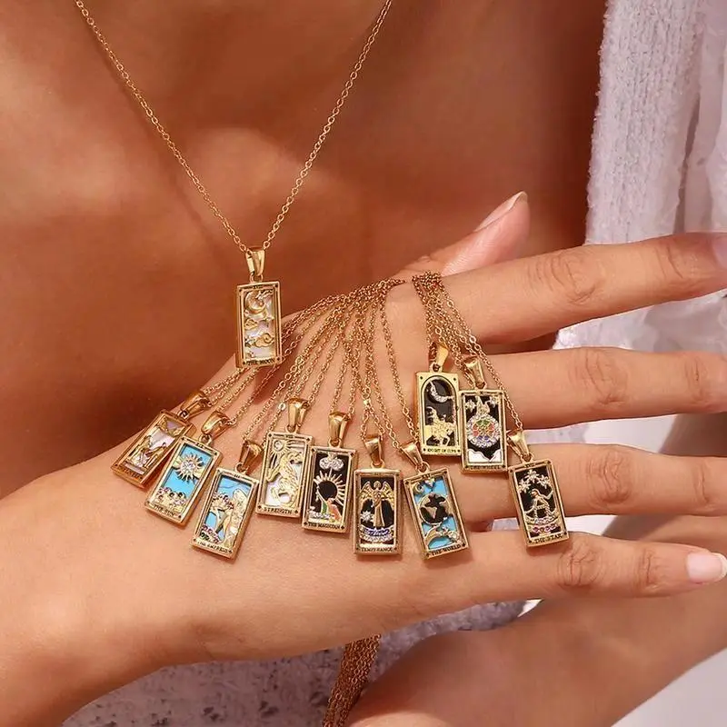Tarot Card Pendant Necklace for Women, Gold-Tone Mini Card Charm with Colorful Celestial Design, Mystical Vintage Jewelry Gift for Tarot and Astrology Lovers