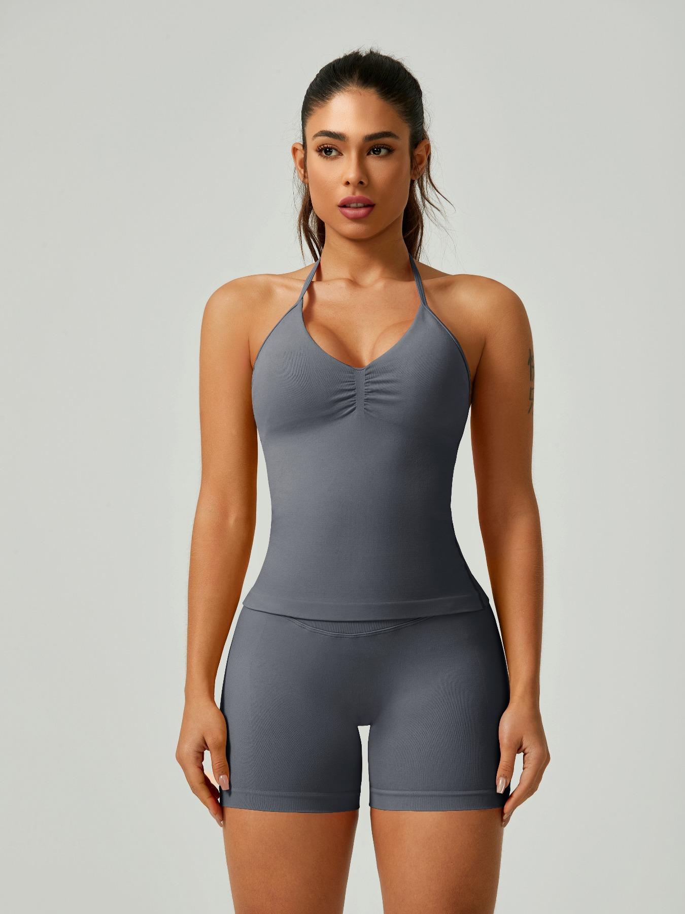 Women's Solid Ruched Design Backless Halter Top & High Waist Shorts Tracksuit Set, Sporty Breathable Comfortable Two-piece Outfits for Yoga Gym Workout Running, Breathable Activewear, High Stretch Activewear