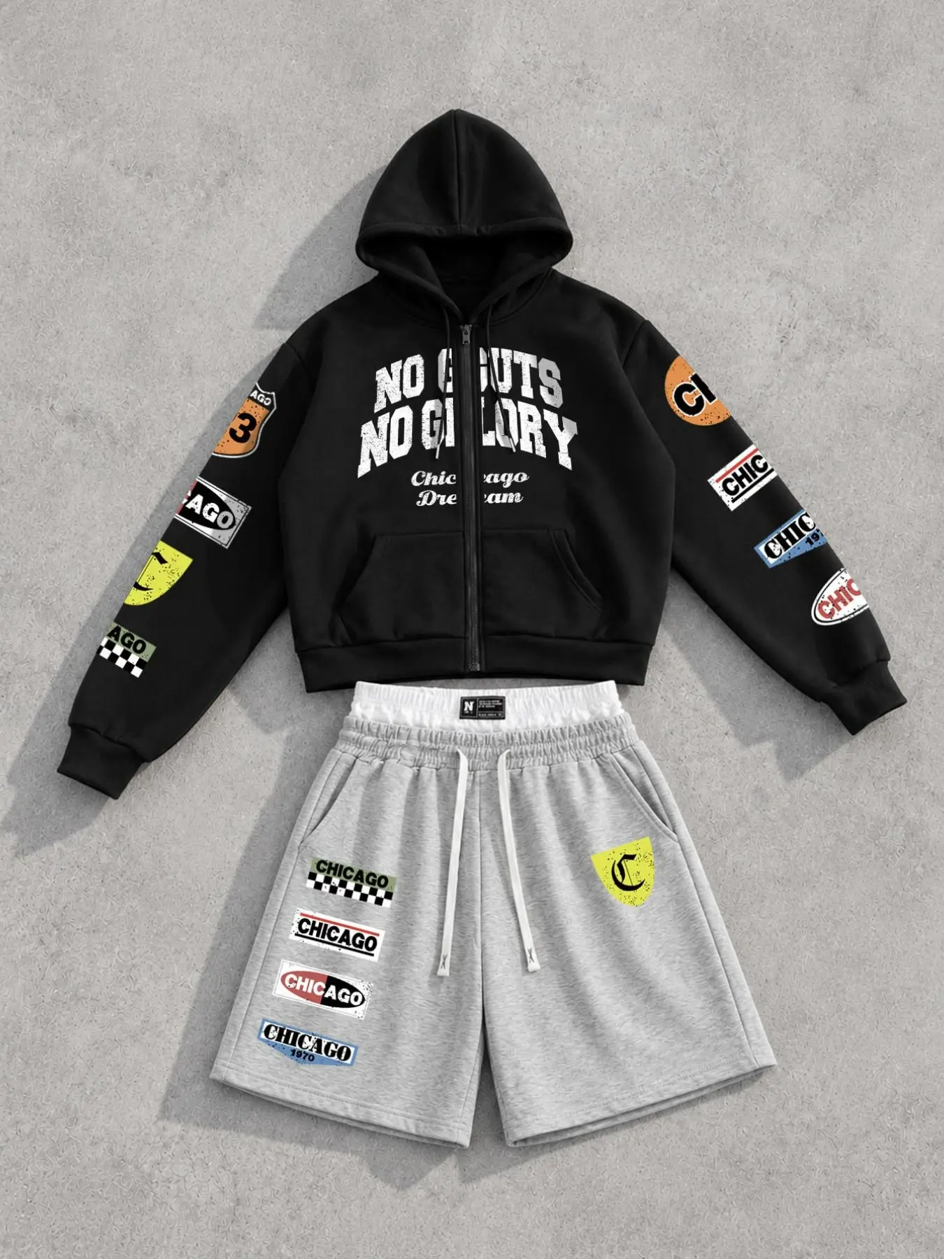 2 Pcs Men's Full Zip Hoodie And Shorts Set Racingcore Letter Badge Graphic Printed Sleeve Drawstring Loose Tracksuit
