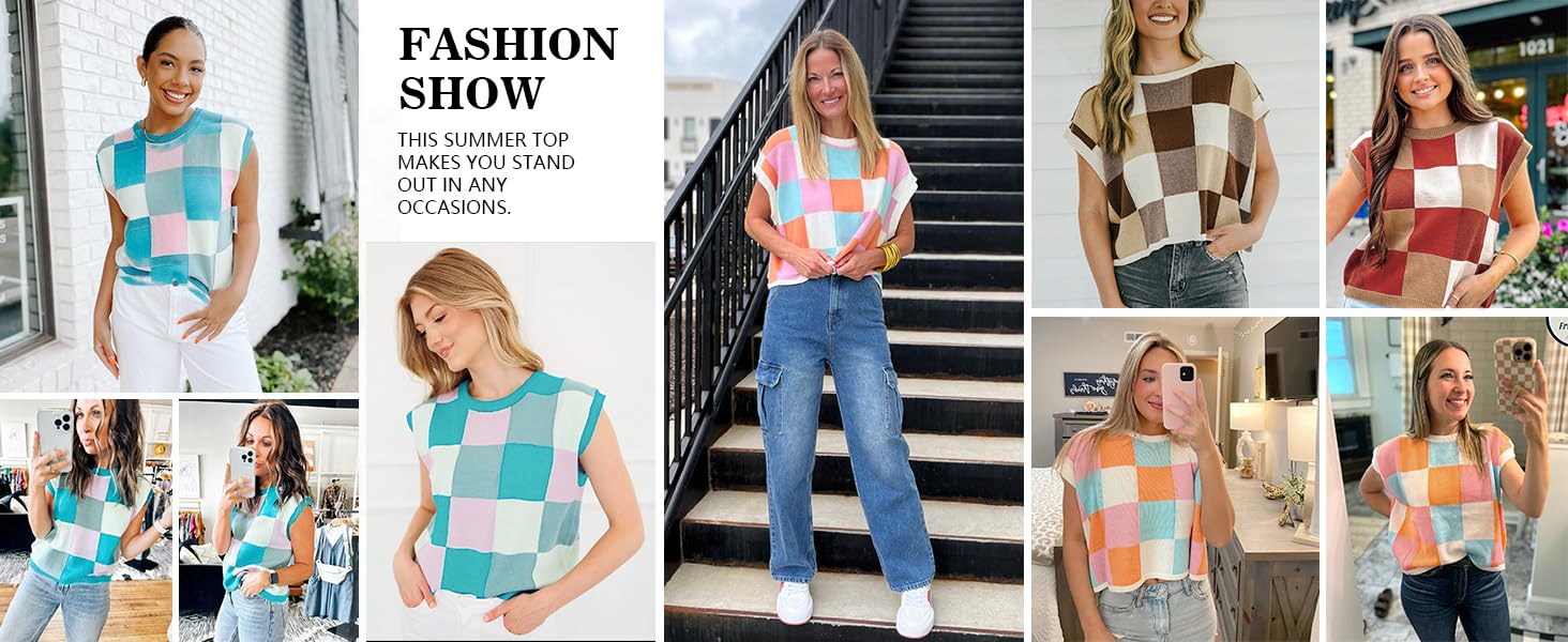 Saodimallsu Womens Cap Sleeve Crop Tops Summer Color Block Going Out Crew Neck Knit Trendy Casual Sweater