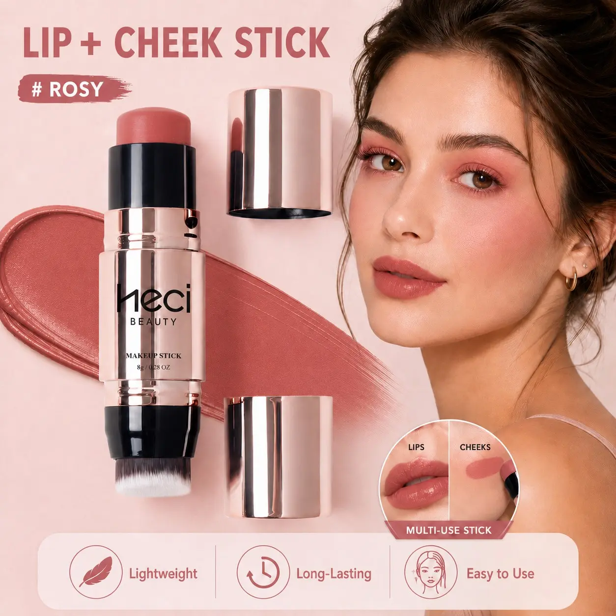 2-In-1 Blush Stick with Brush, Long-Lasting Lightweight Cream, Multi-Use Lip & Cheek Makeup, Perfect for Daily Look