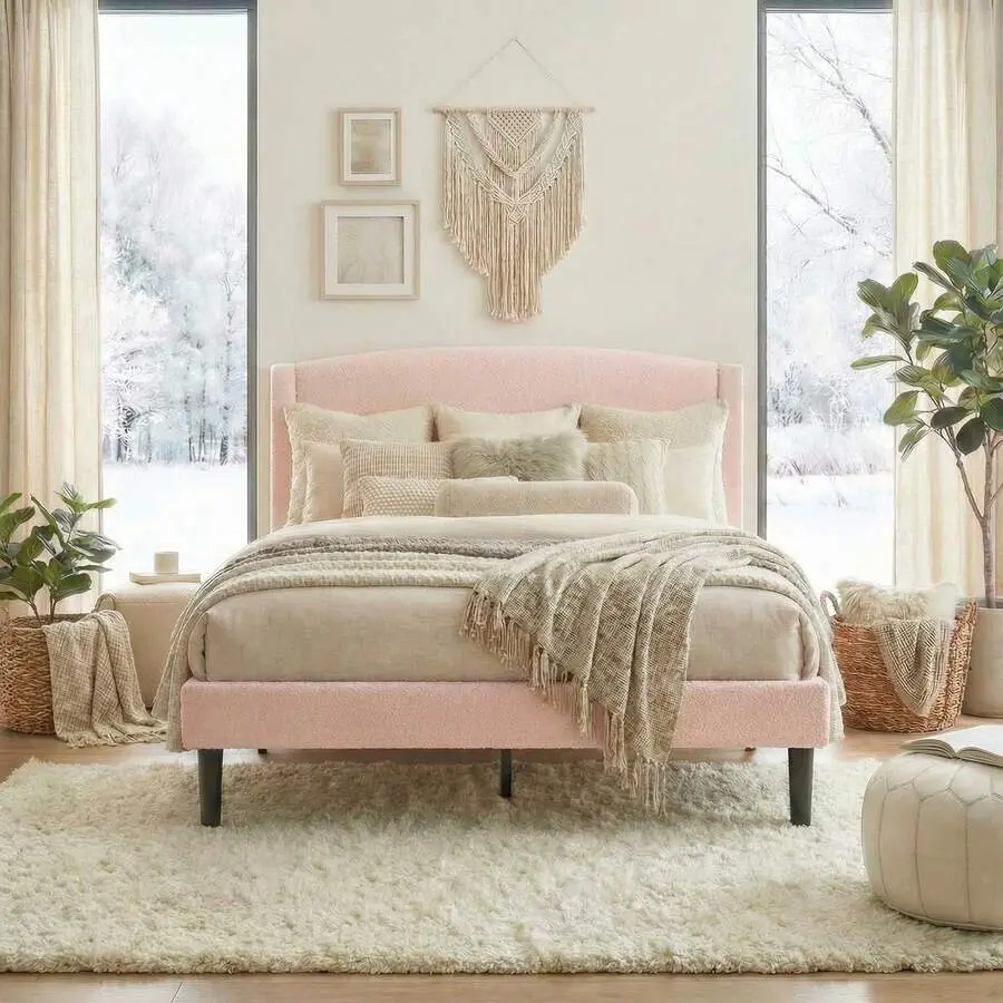 Plush Fabric Teddy Upholstered Wood Storage Bed Frame with Curved Headboard - Full/Queen Size, Reinforced Durable Metal Frame, Underbed Space, Easy Setup, No Box Spring Needed, Pink, Easy Set-Up, Plush Teddy Bed Frame