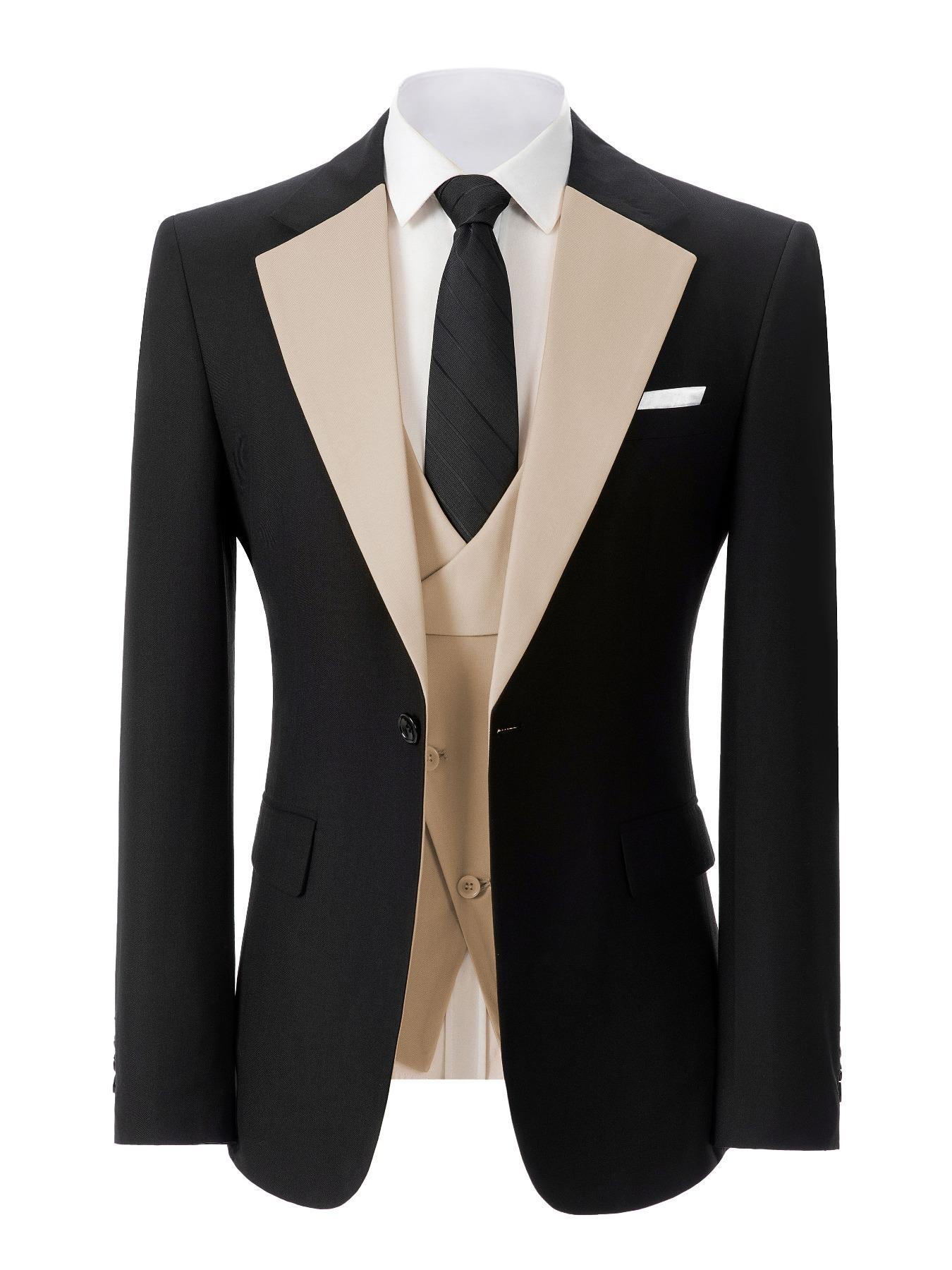 Men's Solid Lapel Blazer & Vest & Pants Three-piece Set, Slim Fit Business Formal Suit Set for Wedding Party, Men's Clothing for Spring & Fall