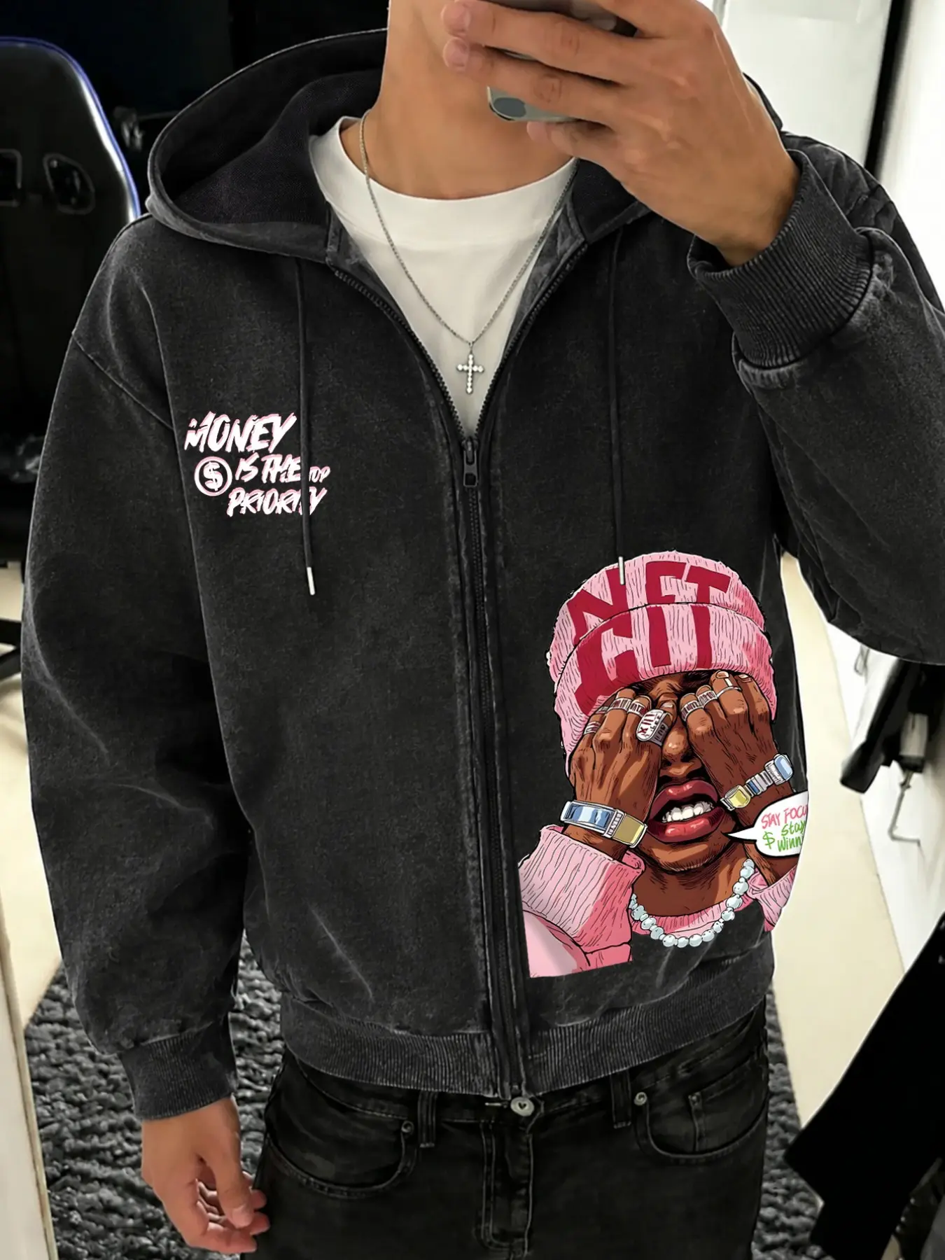 Unisex Vintage Wash Hoodie, Colorful Zip-Up Sweatshirt, Hip Hop & Street Art Print, Loose Fit, Fall Winter Fashion, Essential Closet Item