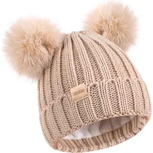 Kids Winter Beanie Hat Warm Ski Caps with Pompom Fleece Lined Children's Knit Hat for Boys Girls，Fits 6 year old — 9 year old nylon bow