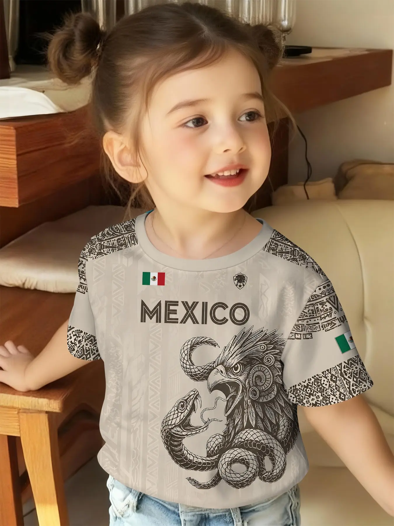 Vintage totem eagle and snake printed regional-style casual short-sleeve T-shirts for kids, casual outfits for lovely girls, tees suitable for daily wear and outdoor sports, perfect gifts for infants and young children, Animal Print Shirt