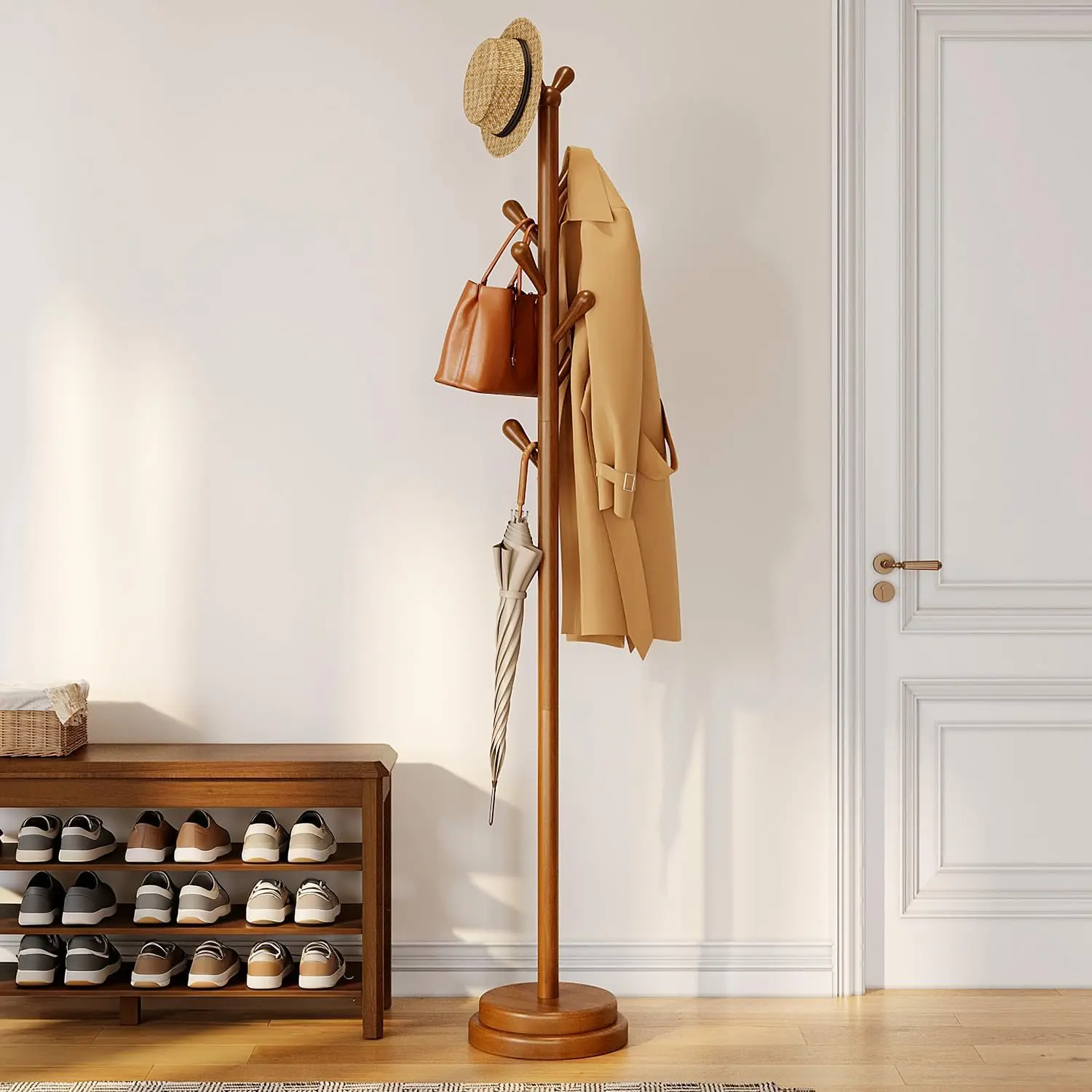 Freestanding Coat Rack, Solid  Coat Tree with 8 Smooth Rounded Hooks, Adjustable Height Heavy Duty Coat Rack with -Layer Base, Holds Coats Hats Bags for Entryway, Bedroom, Living Room
