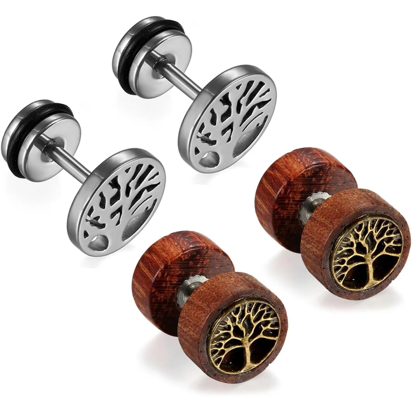 Womens Mens Earrings, 2 Pairs Stainless Steel  Tree Hoop Earrings Studs Set for Mother's Day