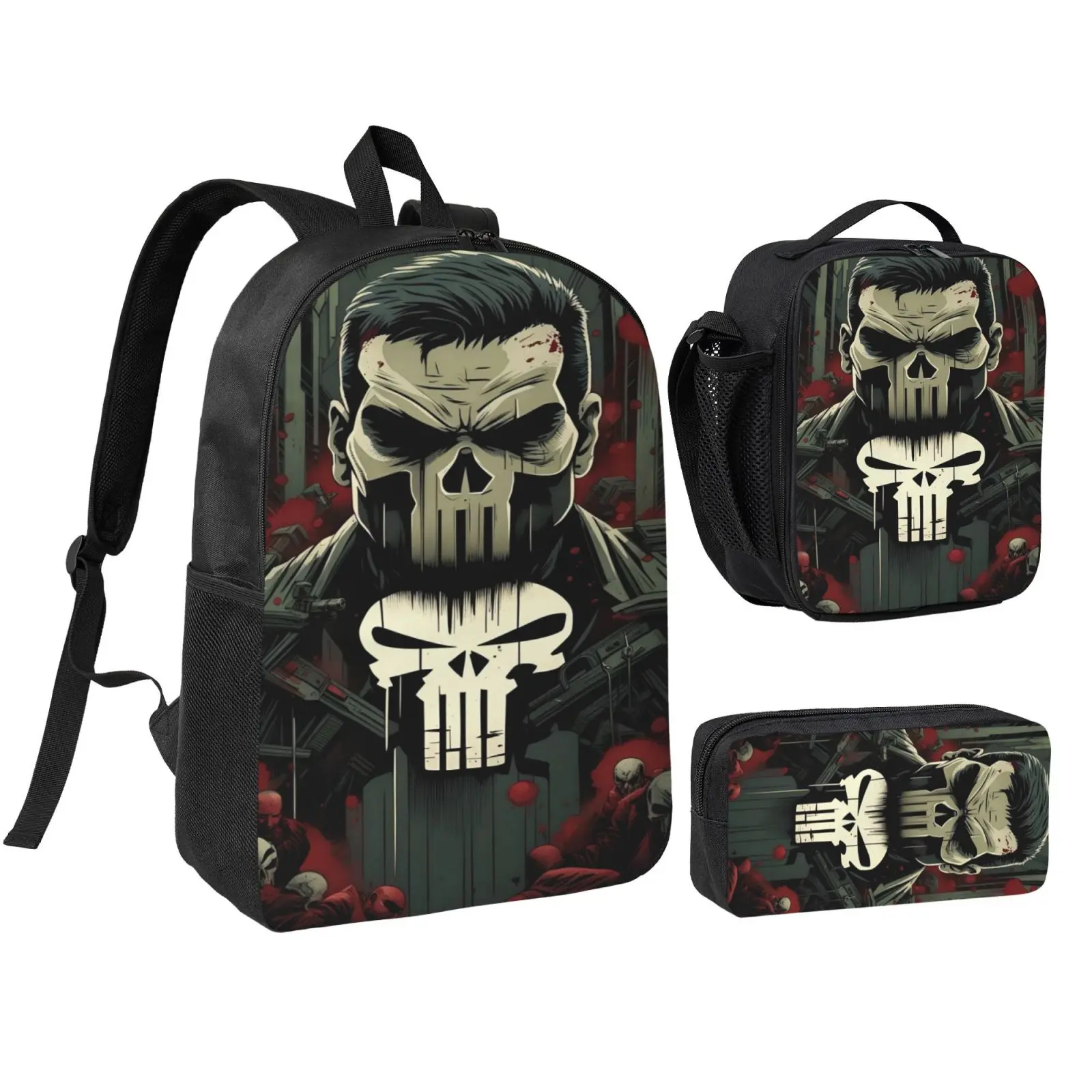 Anime Punisher3 Kids 3Pcs Multipurpose Teen Backpack Set with Adjustable Shoulder Straps, School Bookbag, Insulated Lunch Box & Pencil Bag for Boys Girls Daily School Travel Office