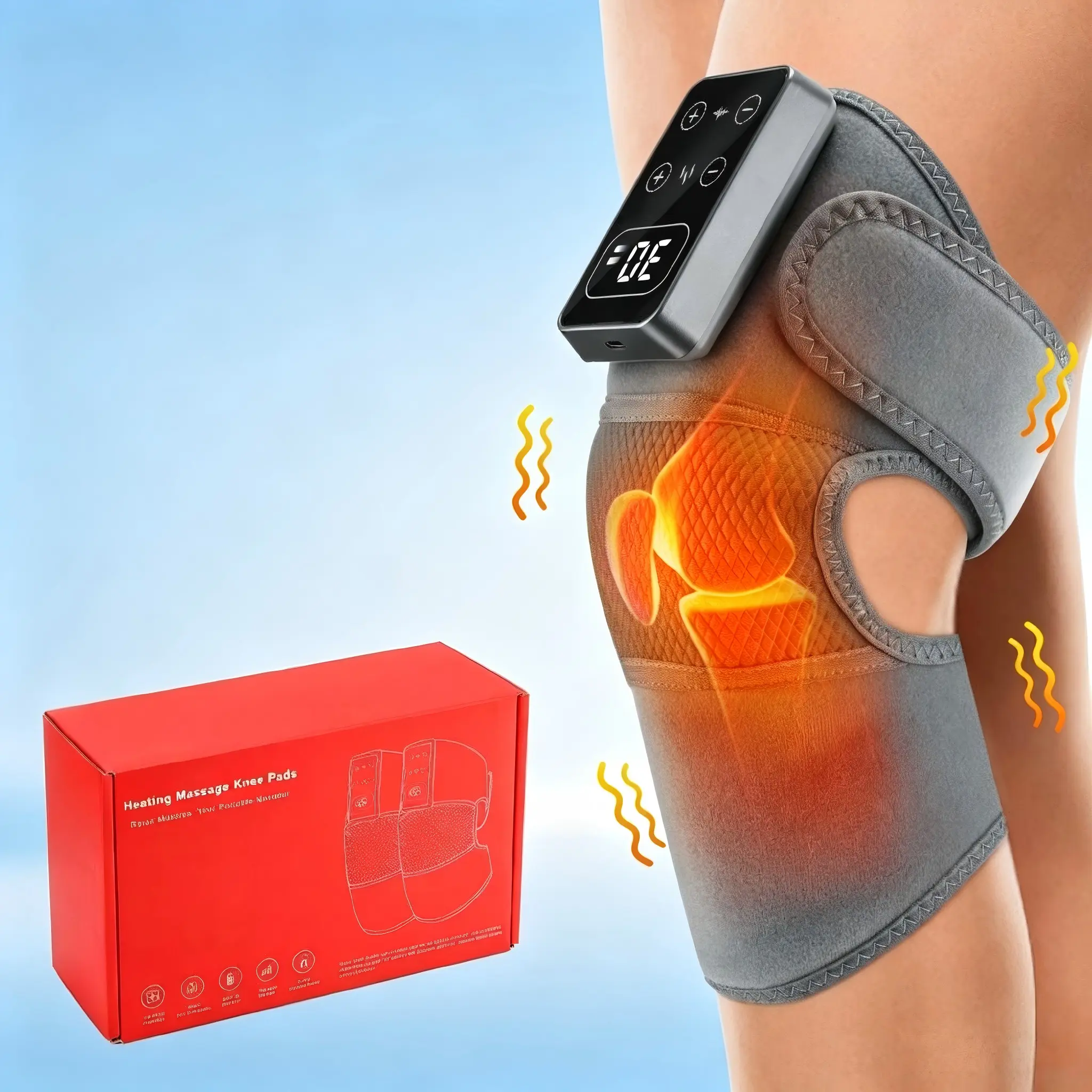 1PC Gray Rechargeable Heated Vibration Adjustable Knee Wrap, 5 heat & 3 vibration levels, 3000mAh large battery, large LCD screen, 30min timer, fits both legs for leg relief