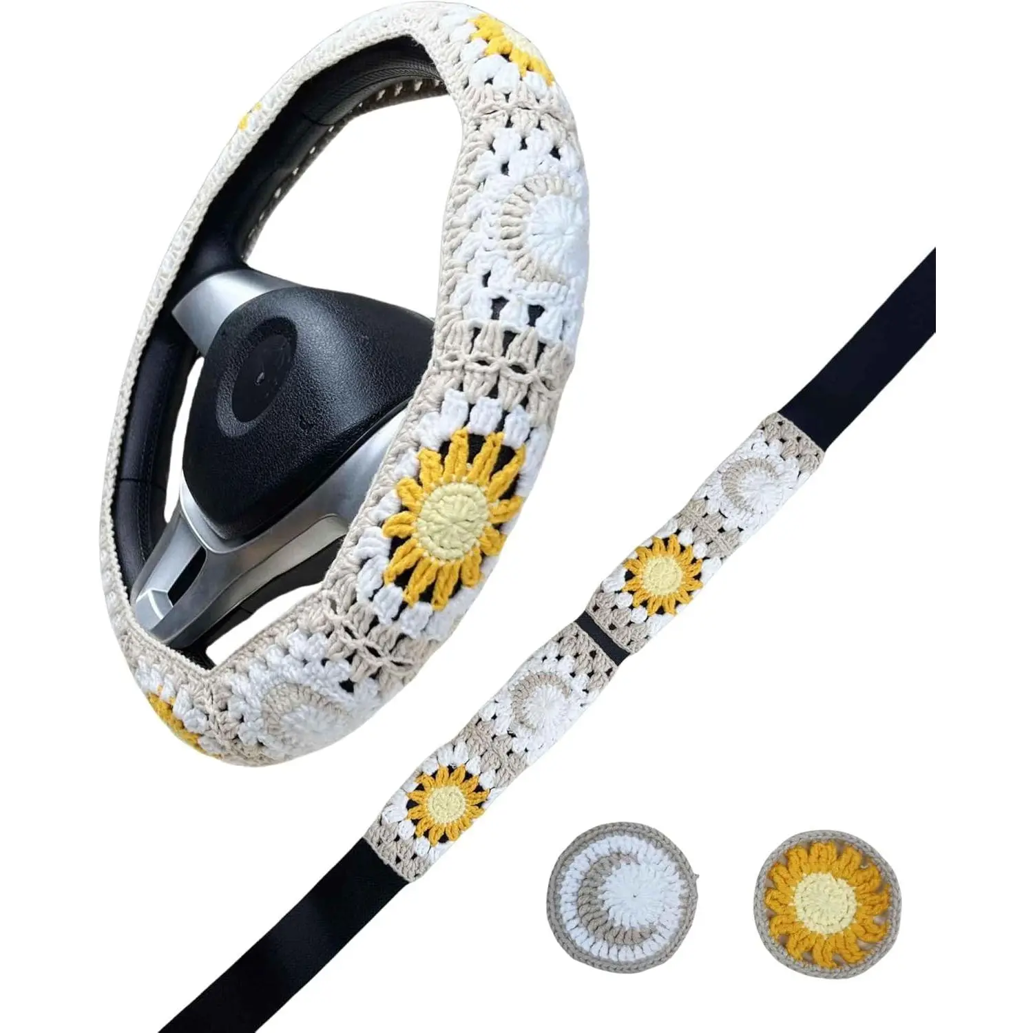 Handmade Crochet White Moon and Sun Car Steering Wheel Covers Universal 14-15 inch for Women and Men (Steer Wheel Cover+ 2 Belt Cover+2 Coaster)