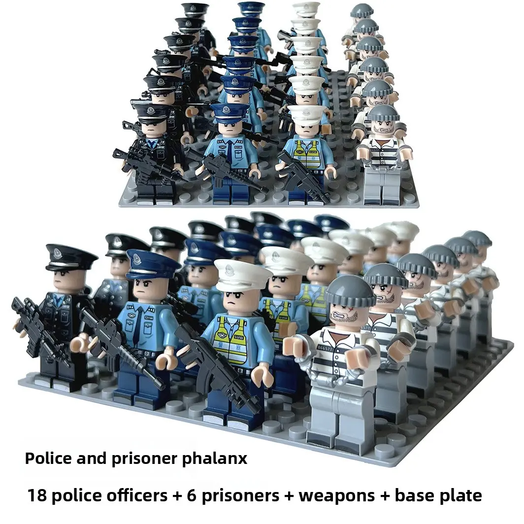 Bulk set of mini building block figures for city scenes, featuring multiple uniformly styled figurines paired with weapon accessories. These educational DIY collectible construction blocks make ideal birthday and holiday gifts for boys aged 3 and above.