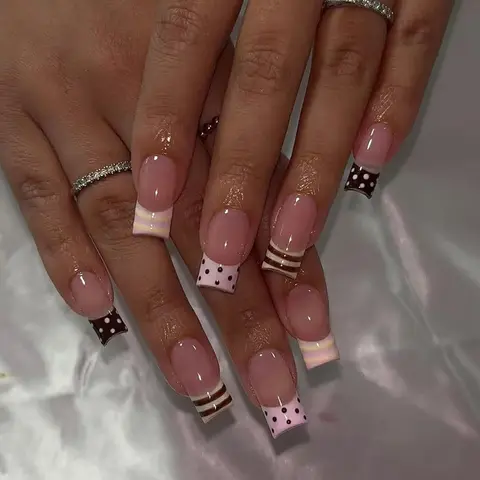 24pcs Long Ballerina Press-On Nails, &, Polka Dot & Striped Design, Acrylic Material, Includes Jelly Glue & Nail File, Nail Art Products