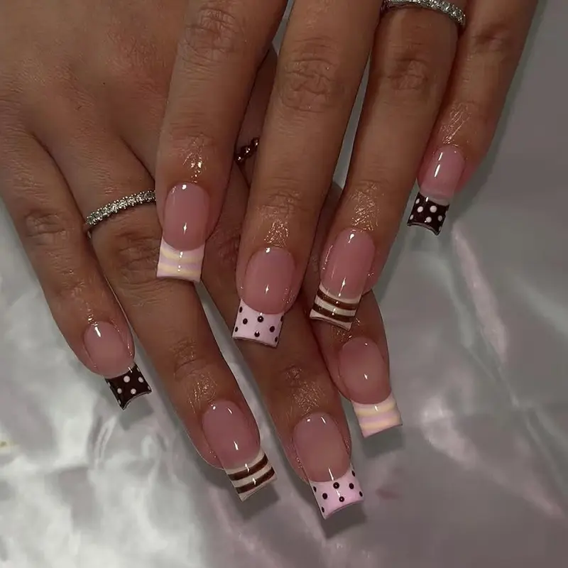 24pcs Long Ballerina Press-On Nails, &, Polka Dot & Striped Design, Acrylic Material, Includes Jelly Glue & Nail File, Nail Art Products