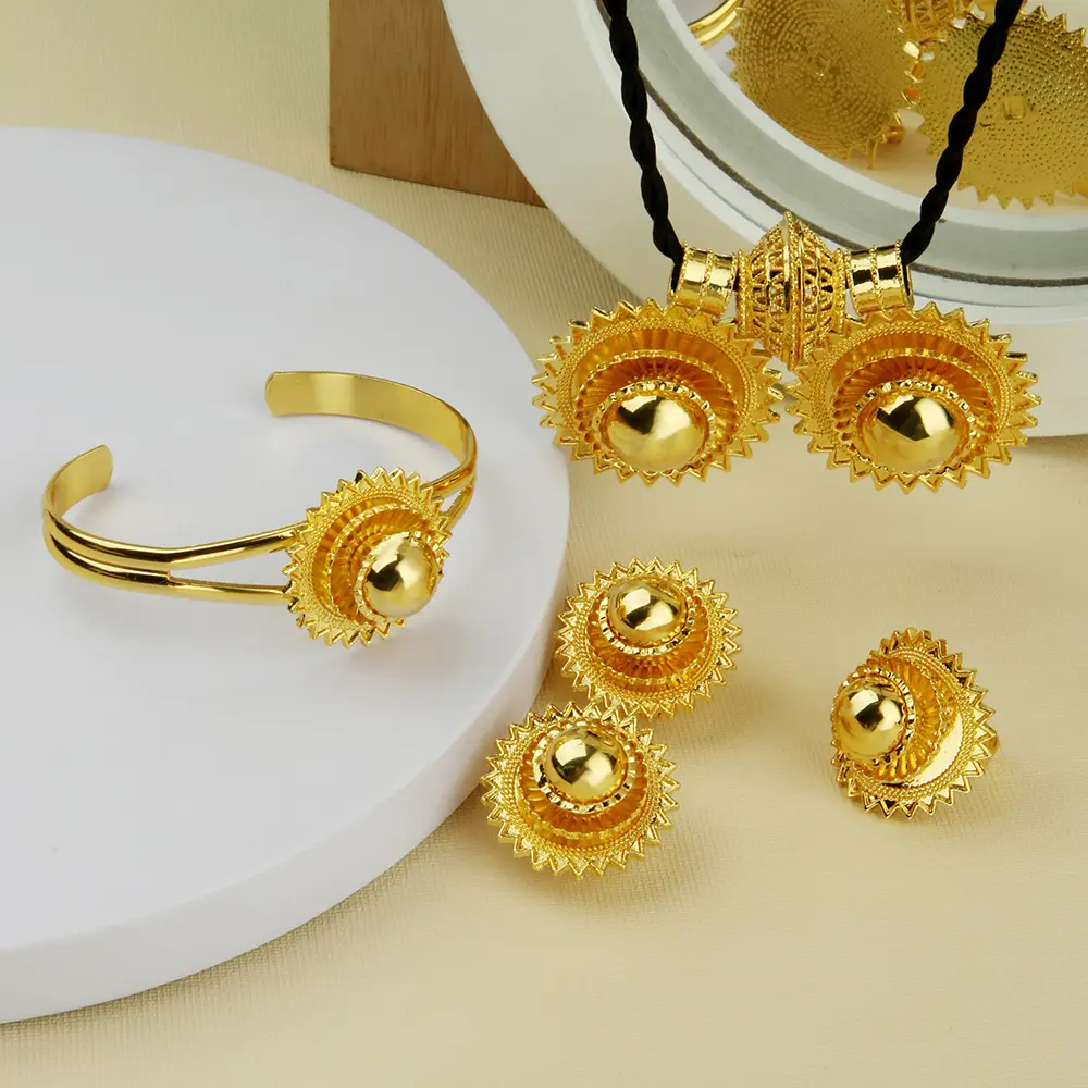 18K Gold Plated Ethiopian Sun Disc Jewelry Set 4Pcs Braided Cord Necklace Open Cuff Bangle Stud Earrings Ring Women African Tribal Traditional Wedding Bridal Cultural Costume Accessories