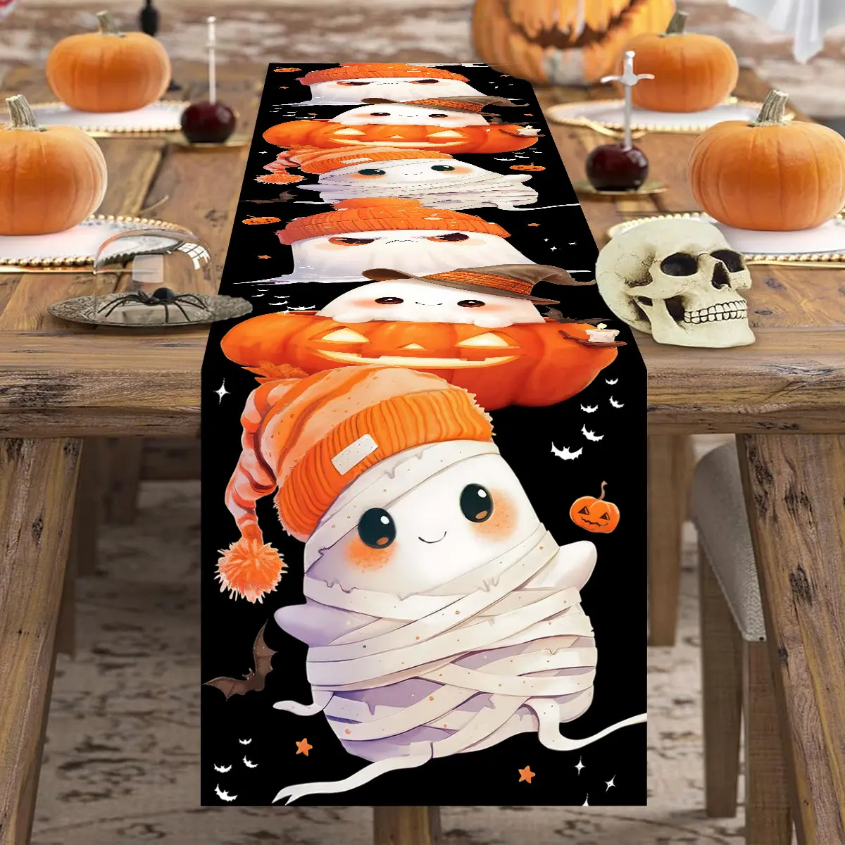 Halloween Theme Cartoon Ghost Pattern Tablecloth, Perfect for Spooky Dining Decor, Table Decoration, Halloween Party Centerpiece, Restaurant Decor, Home Décor