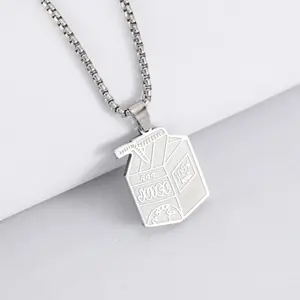 Juice box pendant stainless steel necklace, fun beverage carton hip-hop style necklace for men and women necklace jewelry, modern style